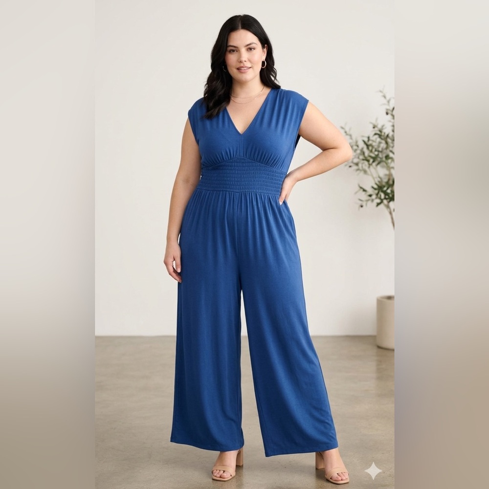 NWT Old Navy Sleeveless Waisted Defined Jumpsuit Womens Size XL Blue Wide Leg